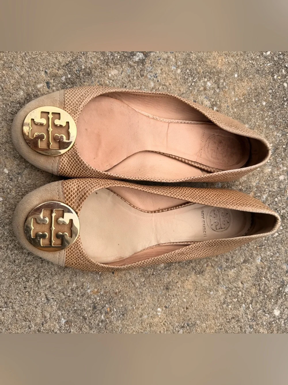 Tory Burch Tan Leather Logo Ballet Flats with Gold Emblems